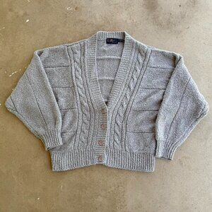 VINTAGE 1980s LEROY KNITWEAR GREY CABLE KNIT CARDIGAN SWEATER